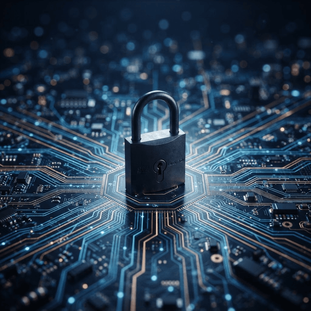 A padlock at the centre of a glowing circuit board