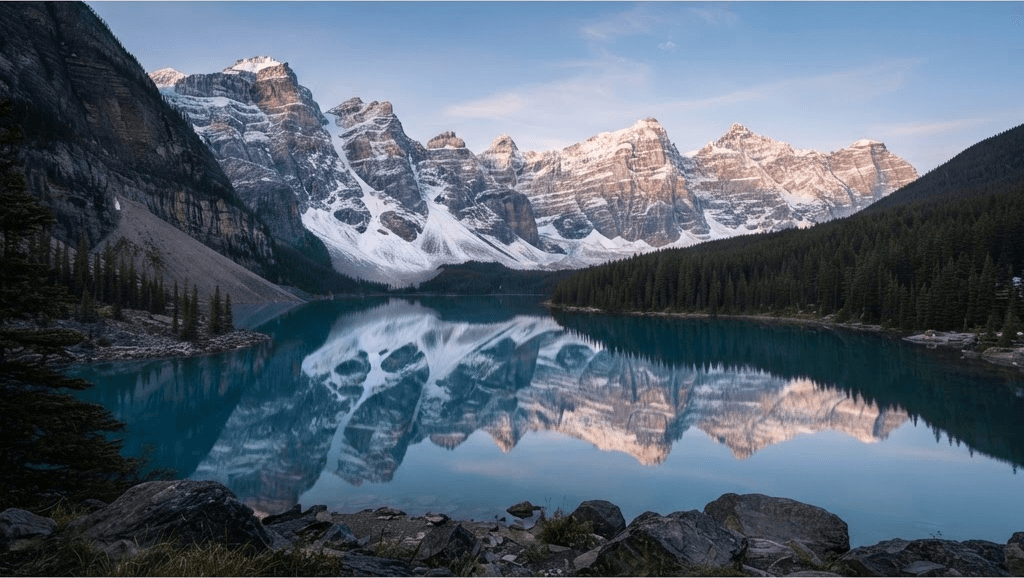 A still alpine lake mirroring snow-capped mountains at dawn