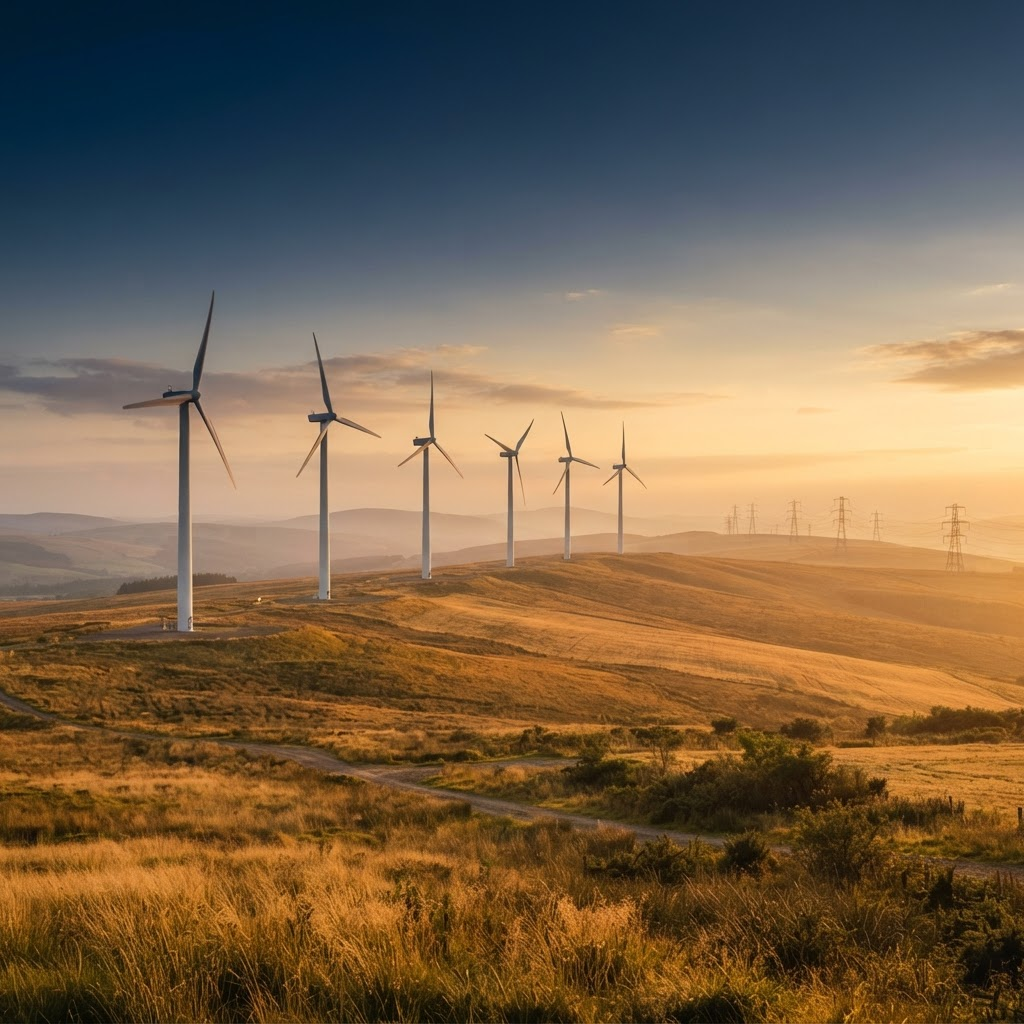 Wind turbines on a hillside at sunset