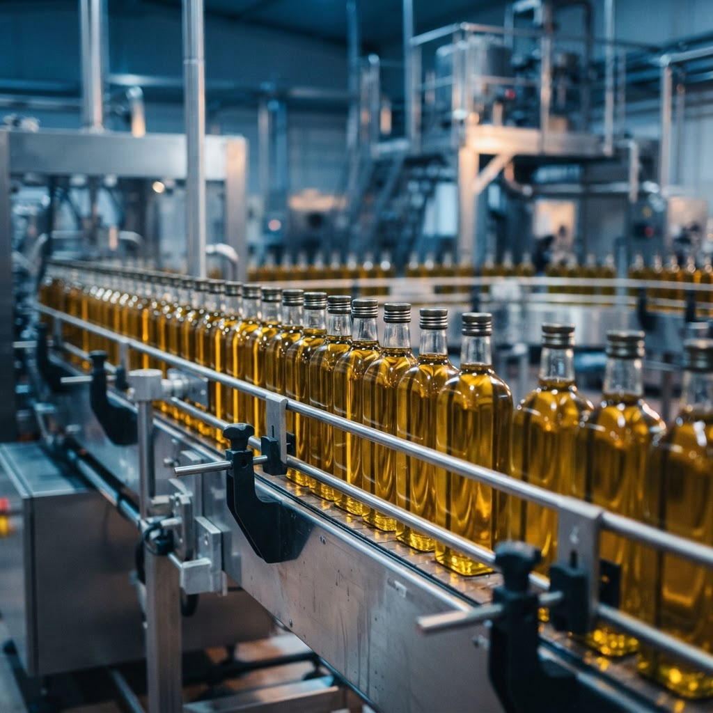 Botellas de vidrio en una línea de embotellado de acero inoxidable