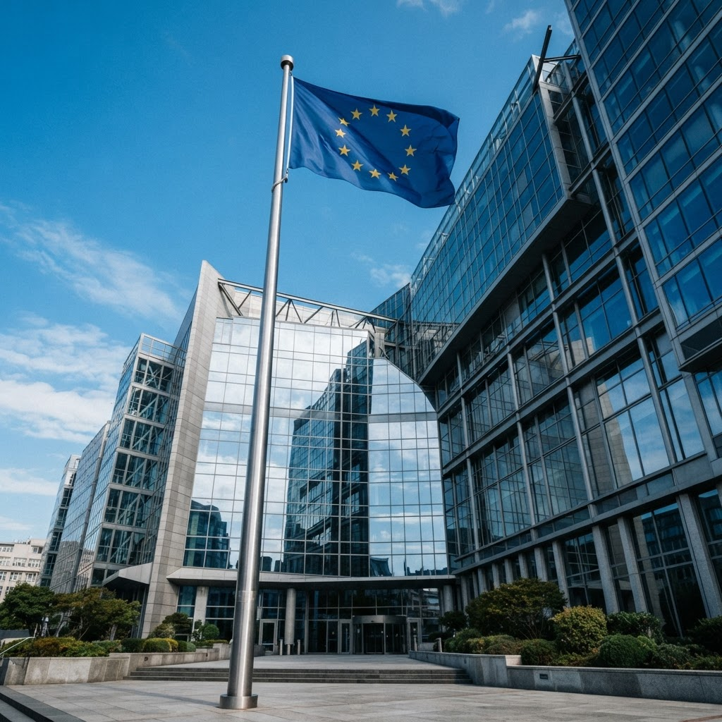 Bandera de la Unión Europea ante un edificio moderno de cristal