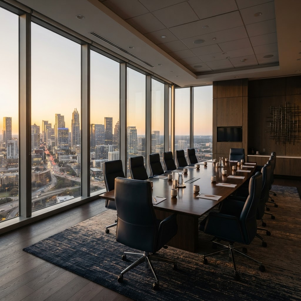 Sala de consejo moderna y vacía con vistas a la ciudad al amanecer